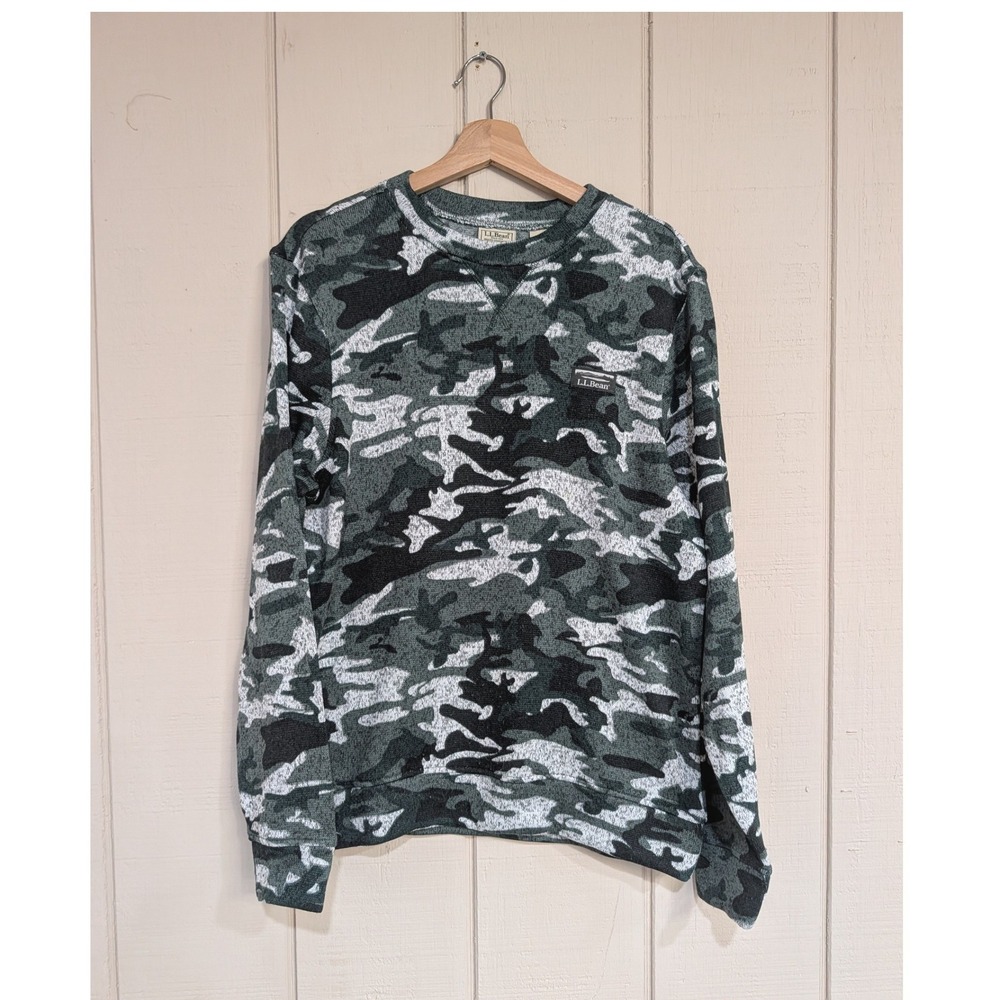 LL Bean Mens Camo Crewneck Sweatshirt Green Grey Camouflage M Regular